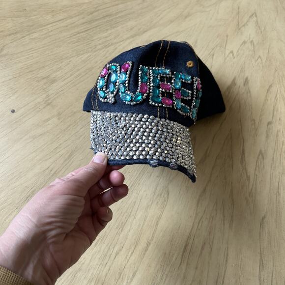 Rhinestone Baseball Hat Blue Denim with Studs Distressed Bling Cap “Queen” Y2K - Picture 12 of 13